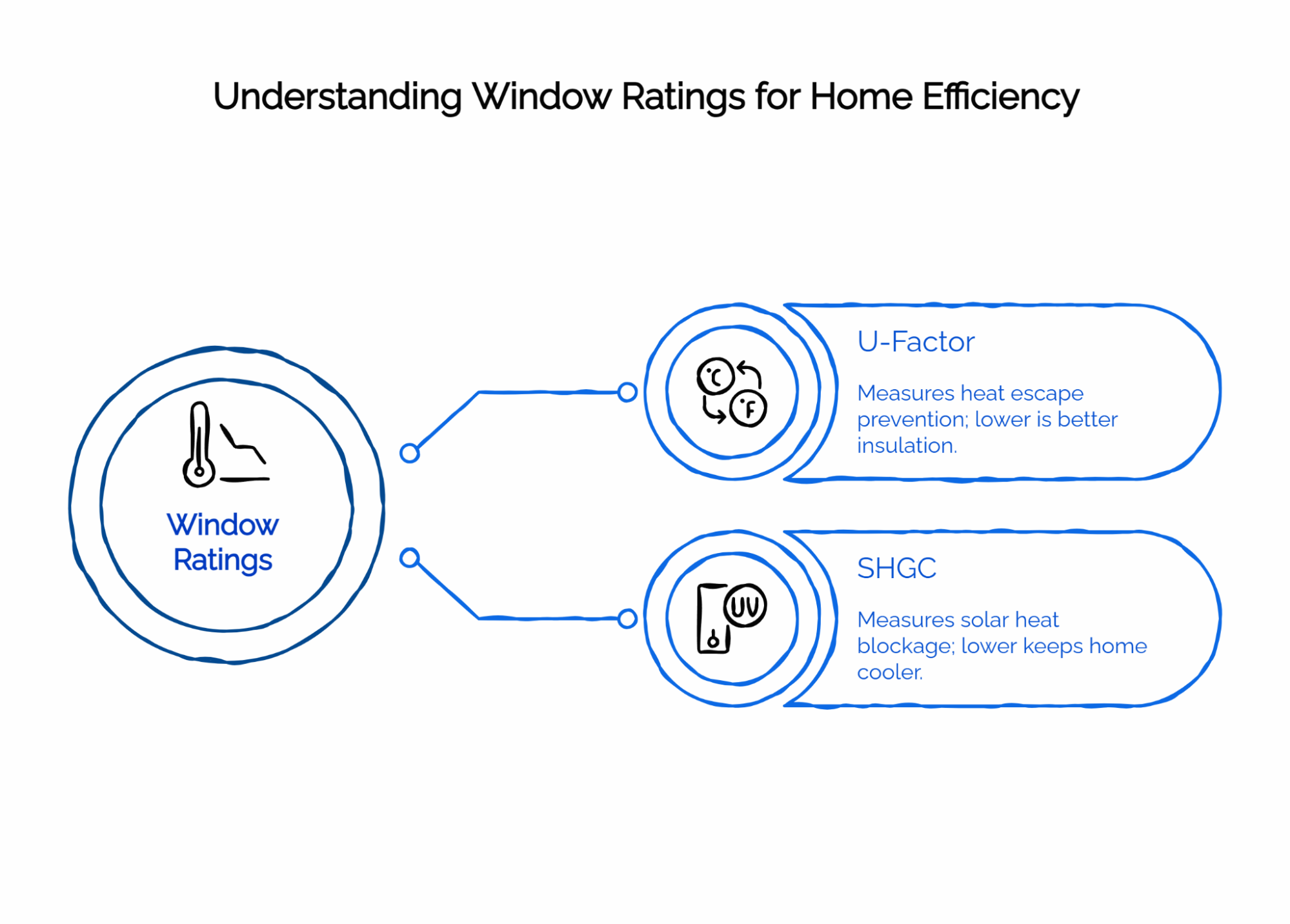 Infographic “Understanding Window Ratings for Home Efficiency”: explains U-Factor for insulation and SHGC for solar heat control.