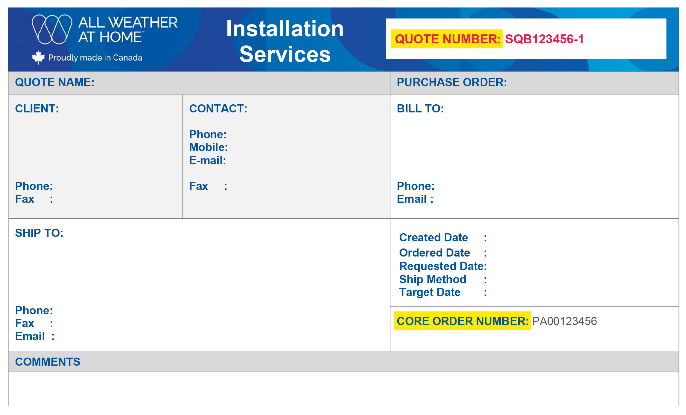 Example showing where to find the order/quote number