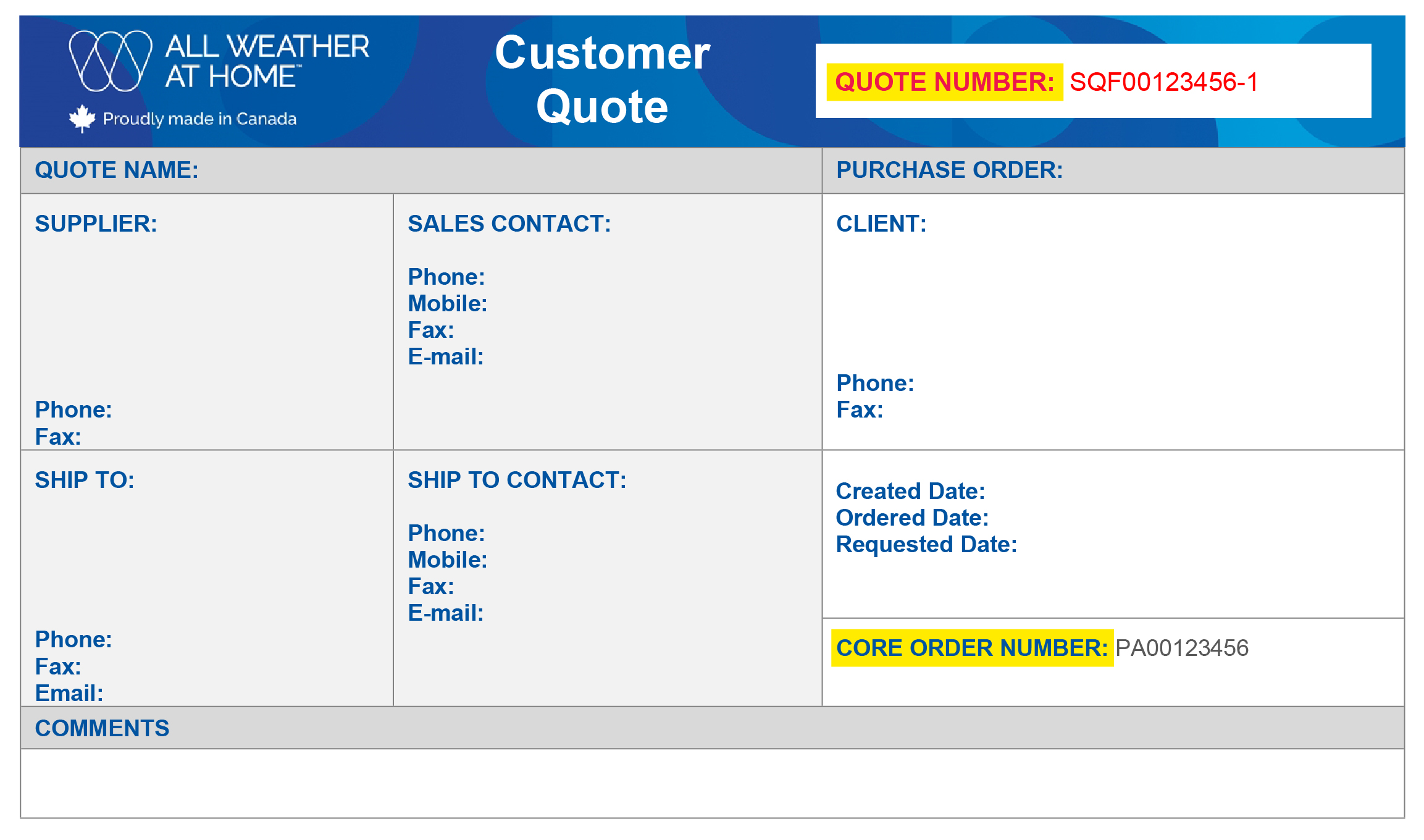 Example showing where to find the order/quote number